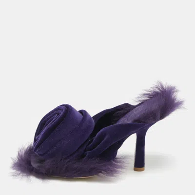 Pre-owned Burberry Purple Velvet And Fur Step Rose Thong Sandals Size 36