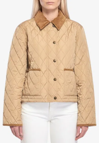 Burberry Cropped Corduroy-trimmed Quilted Shell Jacket In Brown