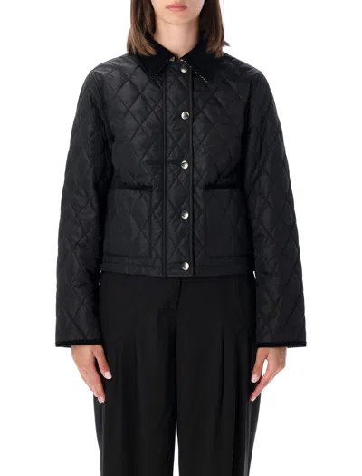 Burberry Quilted Cropped Jacket With Corduroy Collar And Check Lining In Black/sand Ip Check