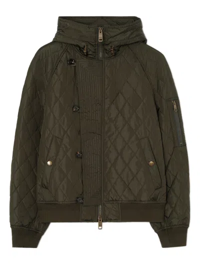 Burberry Quilted Hooded Bomber Jacket In Lightweight Nylon With  Check Lining In Verde