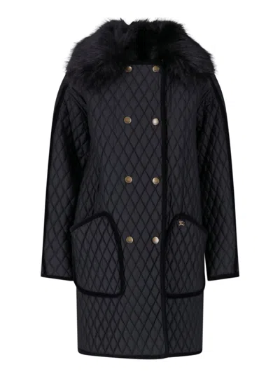 Burberry Quilted Hooded Coat With Faux Fur Trim In Black