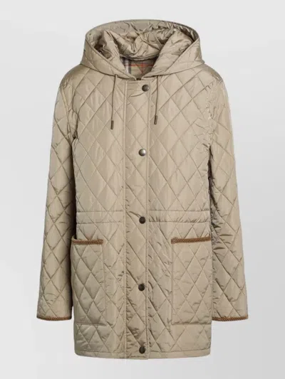 Burberry Quilted Hooded Nylon Coat Front Pockets Long In Neutral