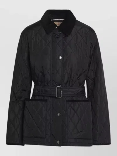Burberry Quilted Jacket Belted Waist Corduroy Collar In Black