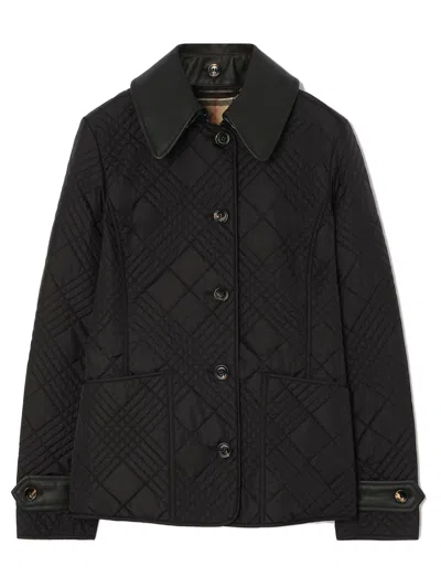 Burberry Quilted Lightweight Nylon Button-down Jacket With Detachable Leather Collar In Black