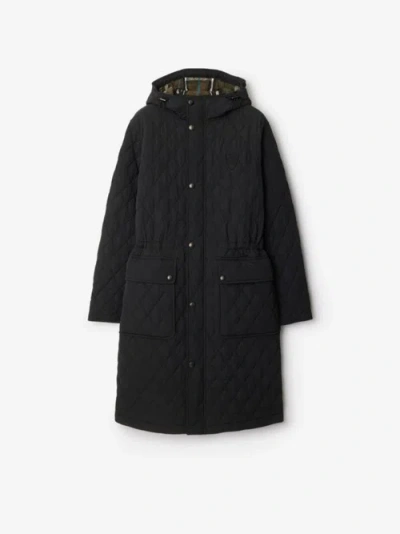 Burberry Hillgate Quilted Long Hooded Jacket In Black