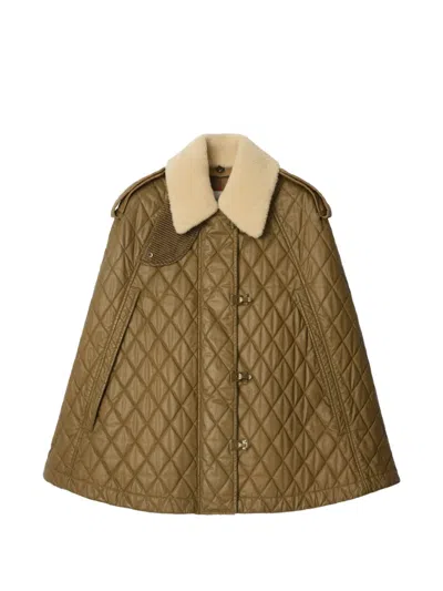 Burberry Quilted Shearling-collar Cape In Brown