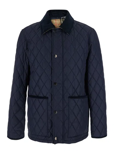 Burberry Quilted Tech Fabric Blue Jacket For Men With Zip Front And Chest Pocket
