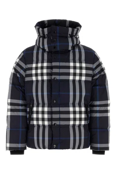 Burberry Navy Check Down Jacket In White/dark Charcoal Blue