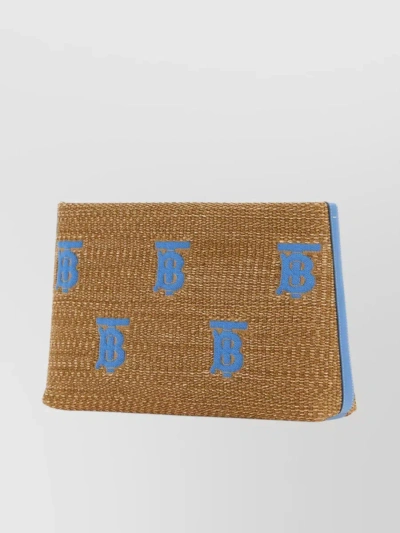 Burberry Raffia Pouch With Contrasting Leather Inserts In Brown