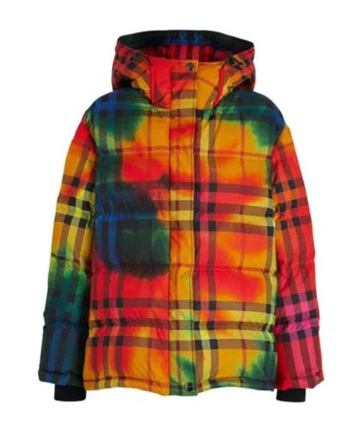Burberry Rainbow Rendering Plaid Hooded Down Jacket In Red