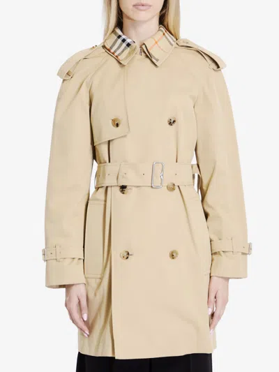Burberry Raincoat With Check Collar In Beige