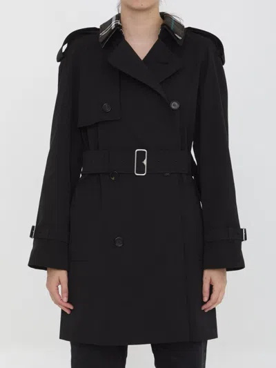 Burberry Raincoat With Check Collar In Black