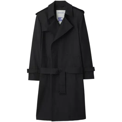 Burberry Long Silk Blend Trench Coat In Black