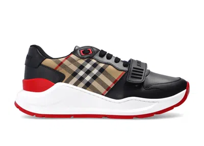 Pre-owned Burberry Ramsey Leather Vintage Check (women's) Sneakers In Black/archive Beige In Multi