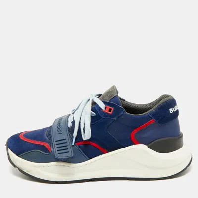 Pre-owned Burberry Ramsey Size 44 Blue Leather And Suede Low Top Sneakers