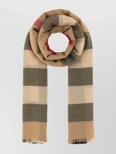 Burberry Rectangular Fringed Cashmere Scarf With Color Block Design In Green