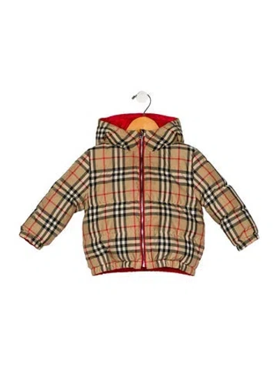 Pre-owned Burberry Babies' Red And Neutral Patterned Reversible Jacket With Zip Closure