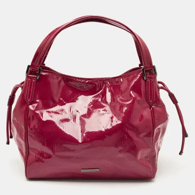 Pre-owned Burberry Red Check Embossed Patent Leather Large Bilmore Tote