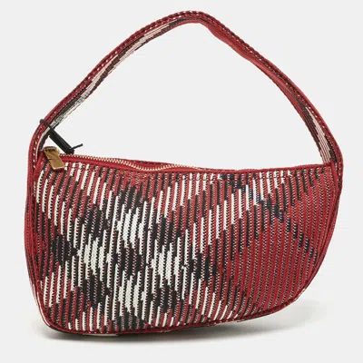 Pre-owned Burberry Red Check Knit Fabric Mini Baguette Bag