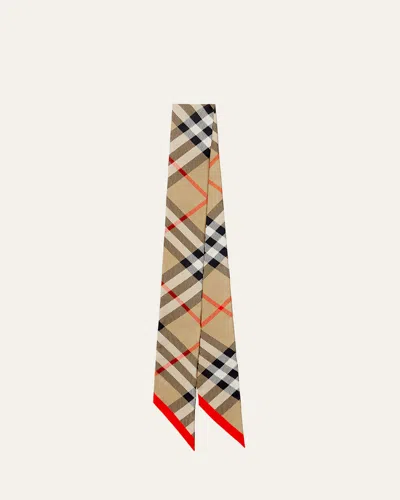 Burberry Red Check Print Silk Twill Skinny Scarf In Sand