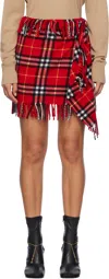 Burberry Fringed Checked Wool And Cashmere-blend Flannel Mini Wrap Skirt In Currant