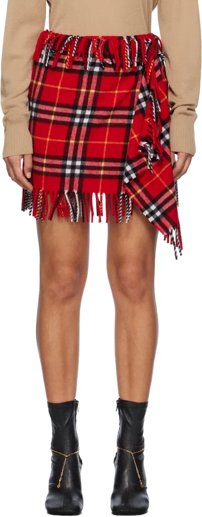 Burberry Fringed Checked Wool And Cashmere-blend Flannel Mini Wrap Skirt In Currant