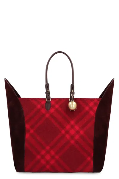 Burberry Red Checkered Tote Handbag With Suede Inserts And Decorative Charm For Women