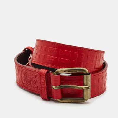 Pre-owned Burberry Red Embossed Leather Buckle Belt 80cm