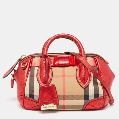 Pre-owned Burberry Red House Check Canvas And Leather Blaze Satchel
