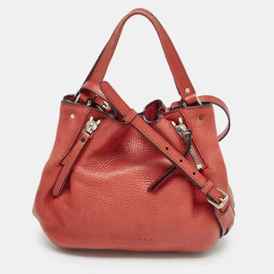 Pre-owned Burberry Red Leather And House Check Canvas Small Brit Maidstone Peek Bag