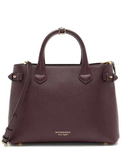 Burberry Red Leather House Check Banner Medium Tote (authentic Pre-loved) In Brown