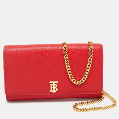 Pre-owned Burberry Red Leather Tb Logo Wallet On Chain