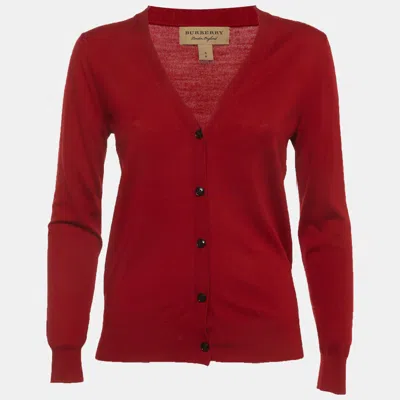 Pre-owned Burberry Red Wool Knit Elbow Patched Cardigan S
