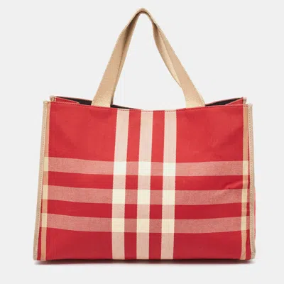 Pre-owned Burberry Red/beige Check Canvas Tote