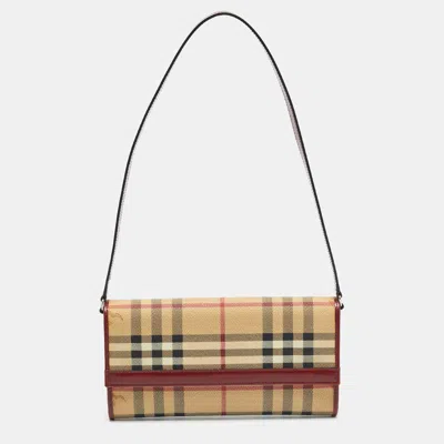 Pre-owned Burberry Red/beige Haymarket Coated Canvas And Leather Clutch Bag