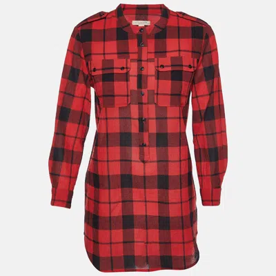 Pre-owned Burberry Red/black Checked Wool Long Sleeve Blouse M