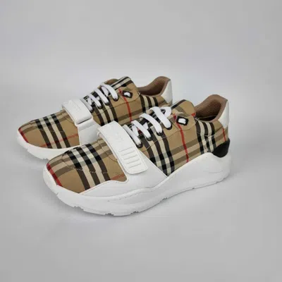 Pre-owned Burberry Regis Women's Checkered Beige And White Sneakers