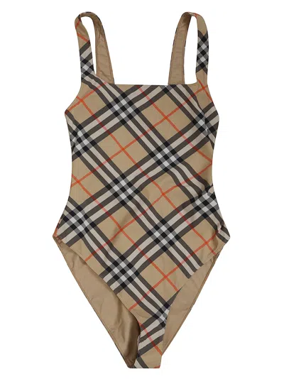 Burberry Scoop Neckline Sleeveless Checkered Beach Bodysuit In Brown