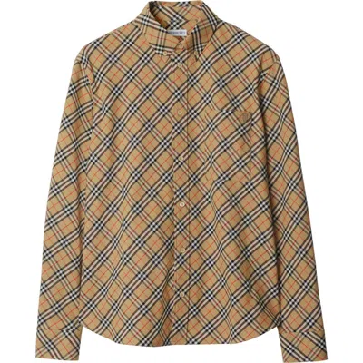 Burberry Cotton Check Shirt With Button-down Collar In Yellow