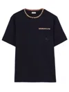 Burberry Cotton Logo T-shirt With Checkered Trim And Chest Pocket In Nero
