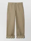 Burberry Beige Pants With Logo Embroidery On The Side And Turn-up Checked Hem In Cotton Man In Green