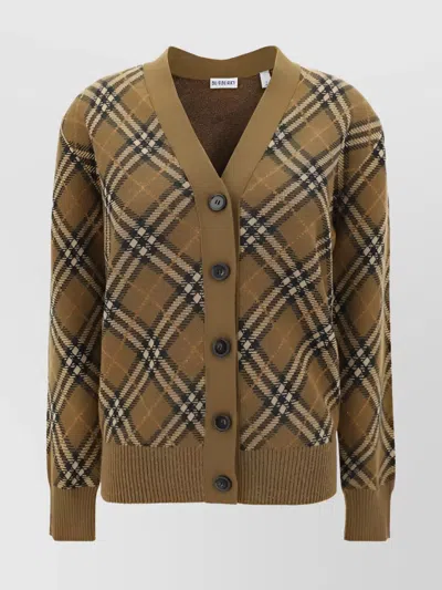 BURBERRY REPEATED CHECK PATTERN WOOL V-NECK CARDIGAN