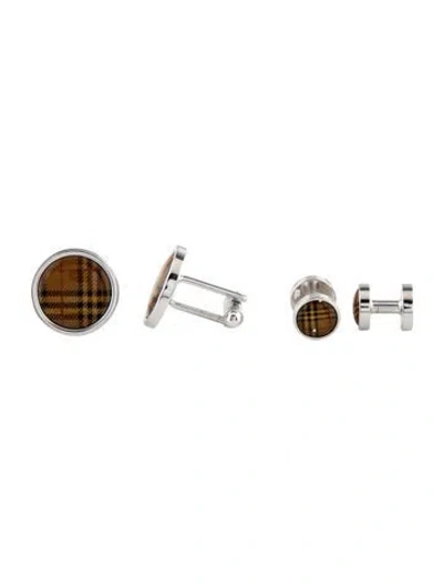 Pre-owned Burberry Resin Shirt Stud & Cufflink Set In Black/brown/red