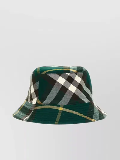 Burberry Reversible Bucket Hat With Checked And Plain Patterns In Green
