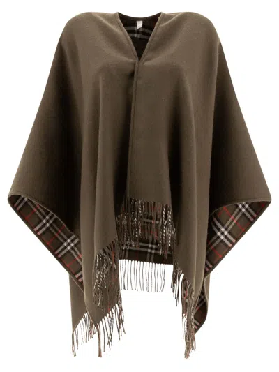 Burberry Reversible Cape In Check Wool In Green