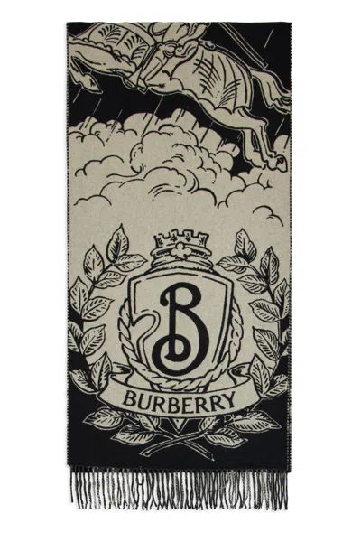 Burberry Reversible Cashmere Scarf With Fringed Edges And Jacquard Natural Pattern In Black