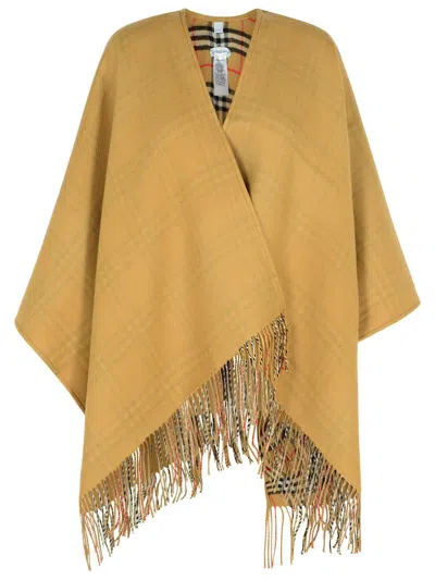 Burberry Reversible 'check' Beige Wool Cape In Brown