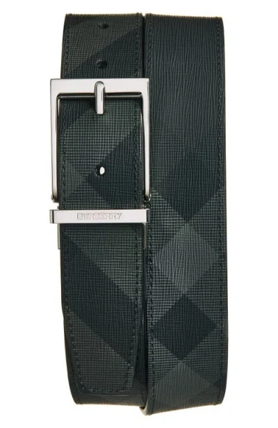 Burberry Reversible Check Canvas & Leather Pin Belt In Green