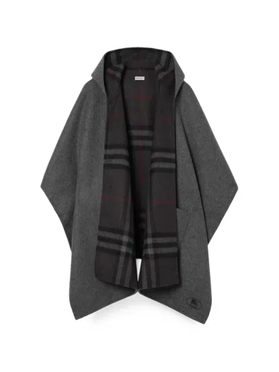 Burberry Reversible Check Cashmere Hooded Cape In Gray