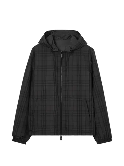 Burberry Reversible Check Newport Hooded Jacket In Black